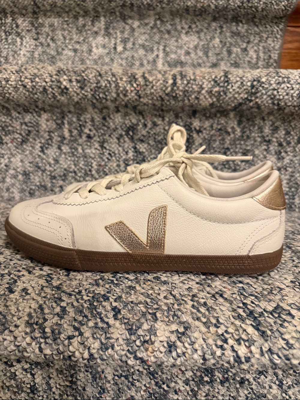 Veja White Leather Low-Top Sneaker with Metallic Gold V Logo